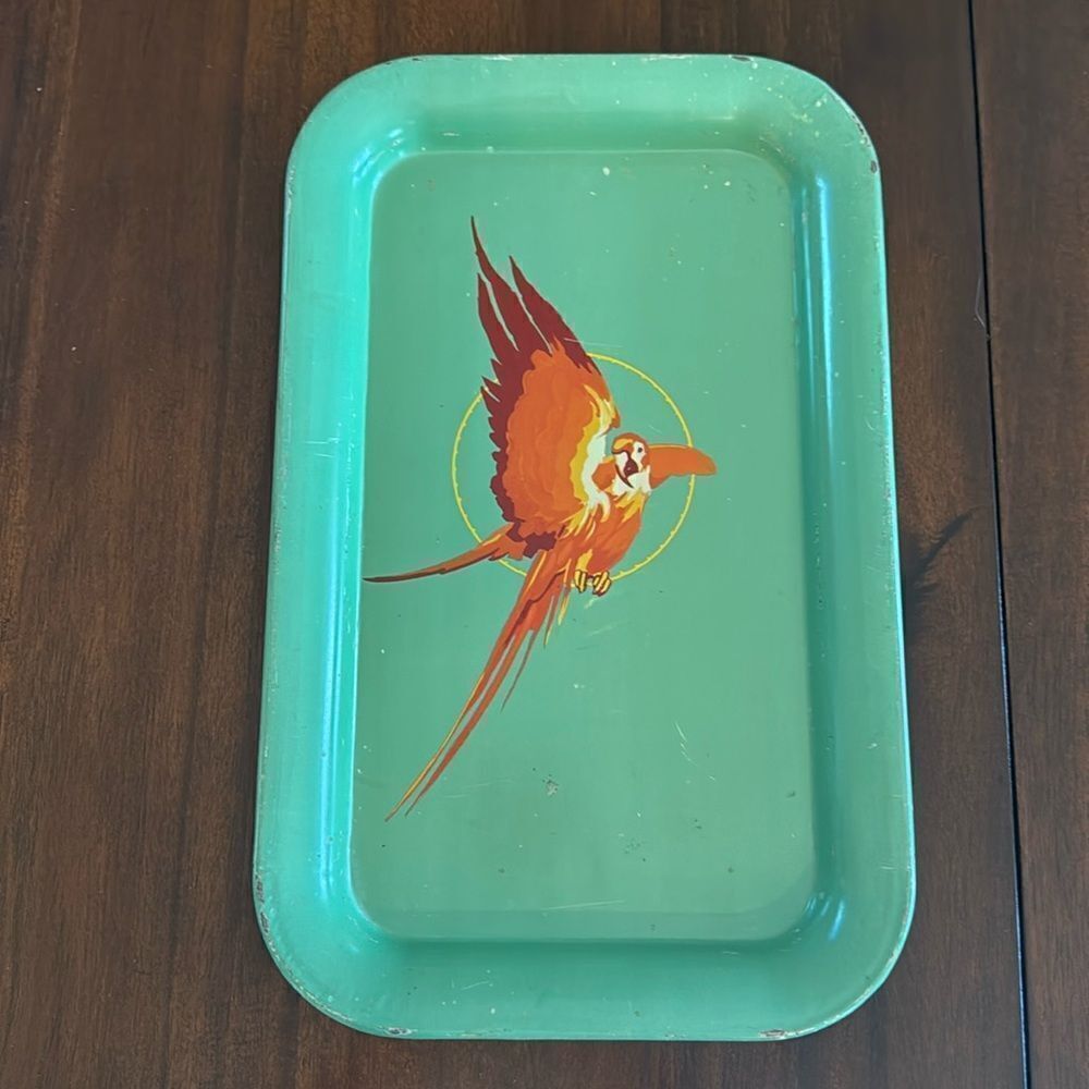 Vintage 1940s Green Metal Tray with Orange Parrot